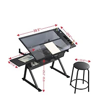 homfan Height Adjustable Drafting Table with Stool, Tilting Glass Top Art Desk with 2 Drawers