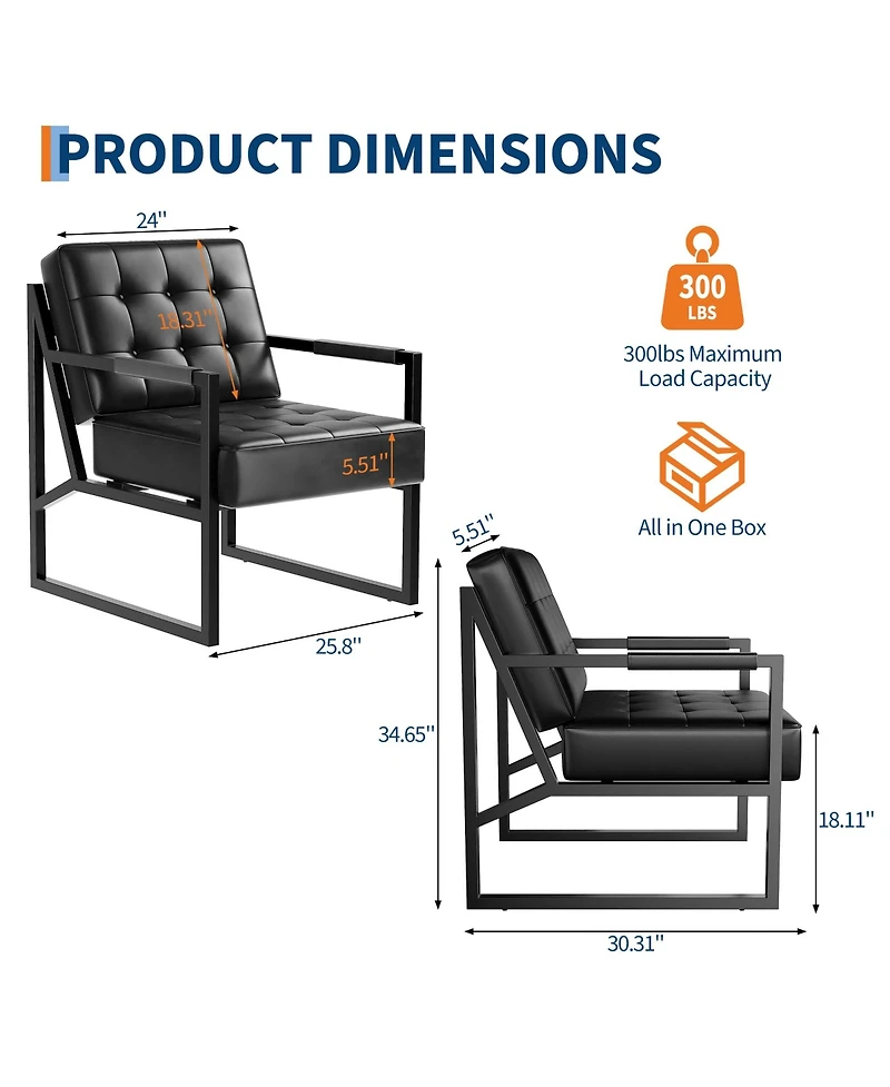homfan Mid Century Accent Chair, Pu Leather Armchair with Metal Legs, Comfortable Stylish for Living Room, Bedroom, Reception and Office.