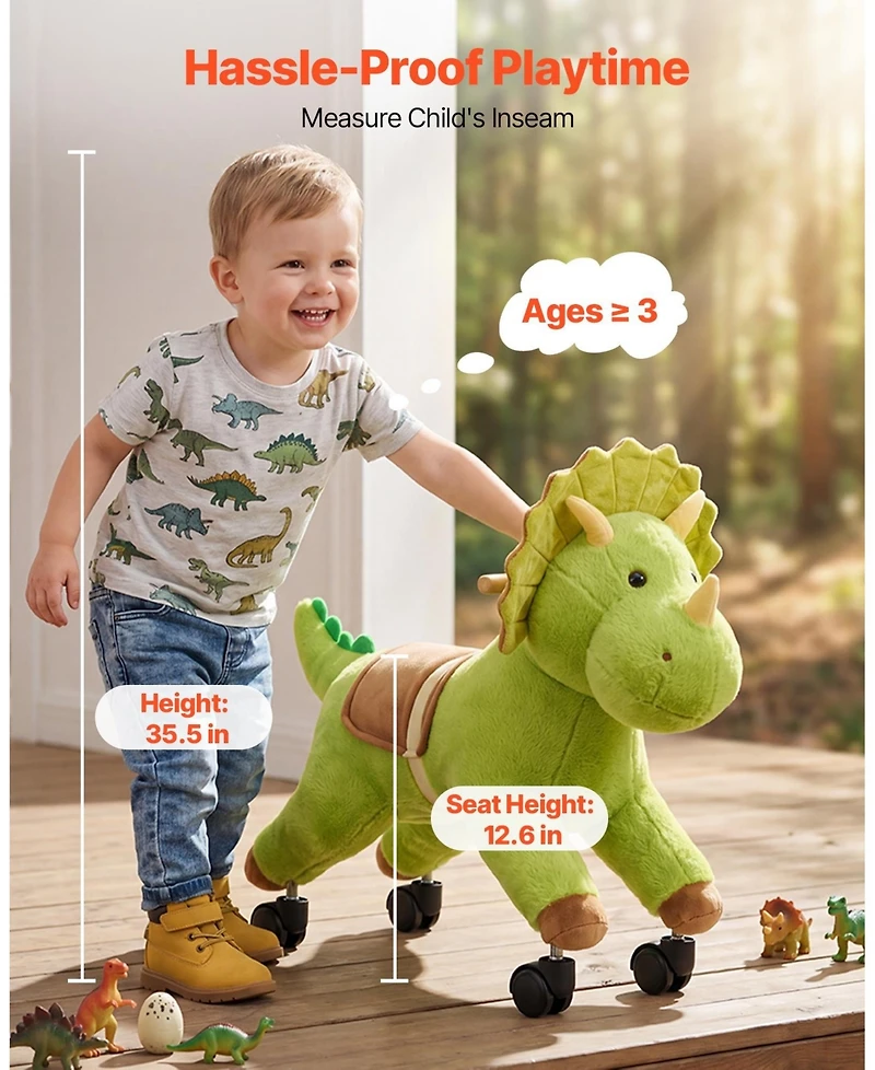 Hongge Kids Ride-On Dinosaur Toy with 360 Degree Caster Wheels, 88 lb Capacity, Ages 3+