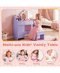 Sugift Kids Vanity Desk and Stool Set with Cloud-Shaped Lighted Mirror and Side Cabinet