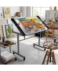 homfan Adjustable Glass Drafting Desk with Wheels and Storage Drawers, 0-65degree(s) Tilting Art Table for Home Office