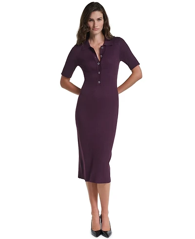 Karl Lagerfeld Paris Women's Tiered Ribbed-Knit Collared Midi Sweater Dress