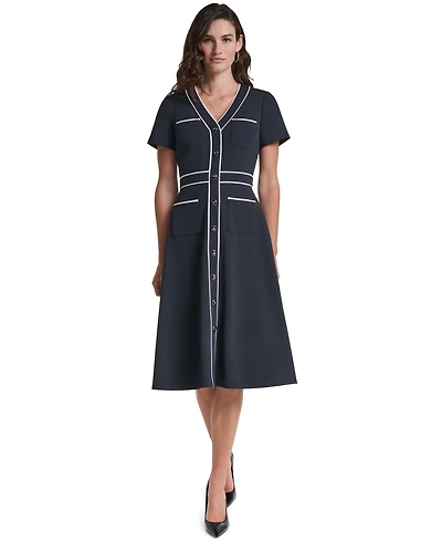 Karl Lagerfeld Paris Women's Scuba A-Line V-Neck Midi Dress