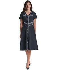 Karl Lagerfeld Paris Women's Scuba A-Line V-Neck Midi Dress