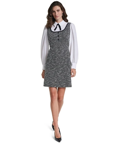 Karl Lagerfeld Paris Women's Two-Tone Tweed Collared Long-Sleeve Shift Dress