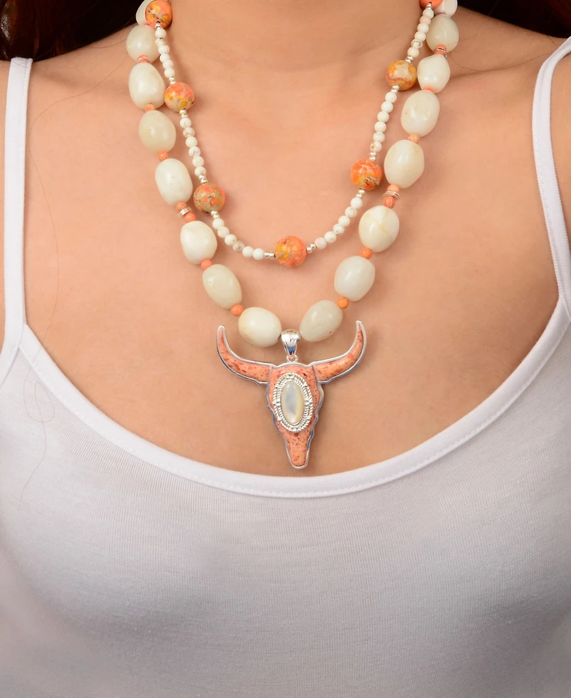 Barse Longhorn Orange Sponge Coral Silver Necklace