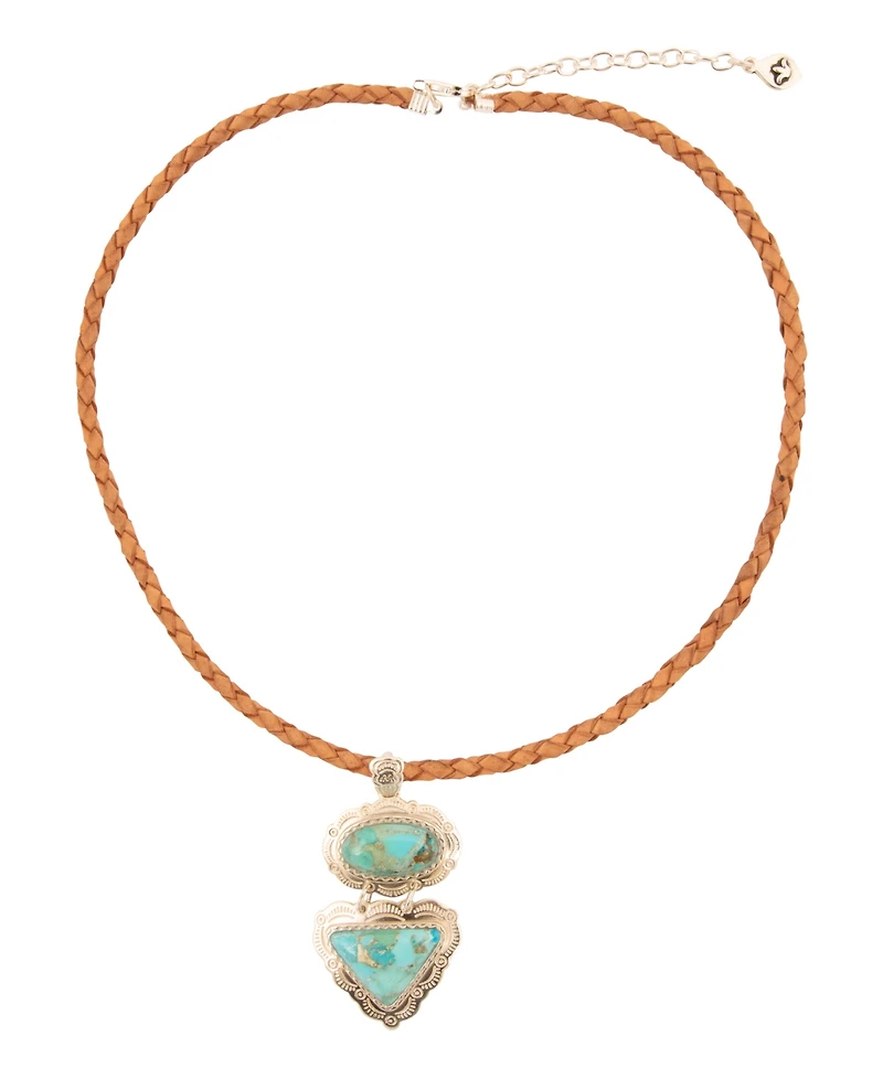 Barse Bronco Blue Turquoise Silver Concho Pendant Leather Necklace