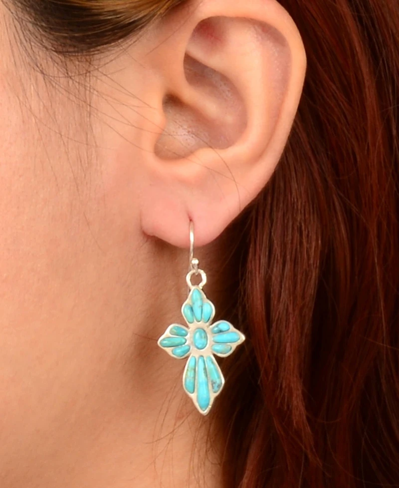 Barse Blue Turquoise Cross Silver Drop Earrings