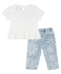 Rare Editions Baby Girls' Bubble Sleeve Top with Applique to Bandana Print Pants, 2-Piece Set