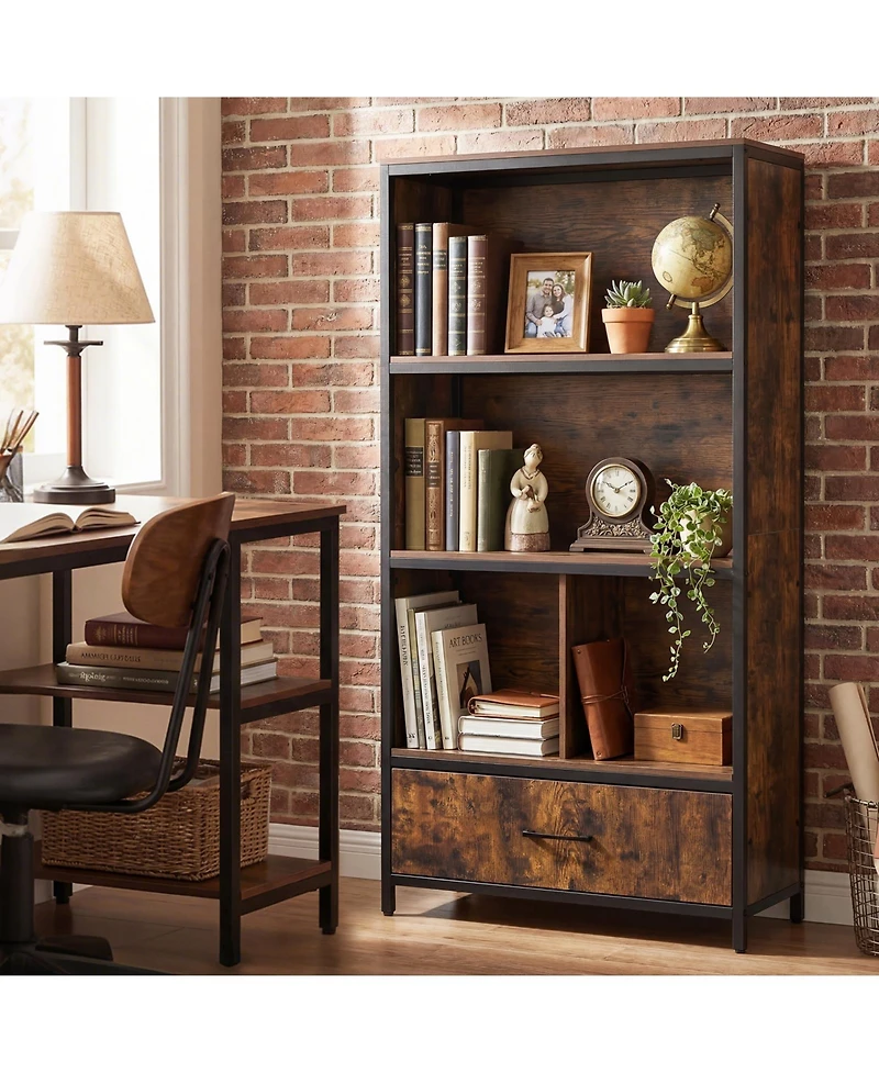 Costway 5-Tier Industrial Freestanding Bookcase with 4 Storage Compartments and Fabric Drawer