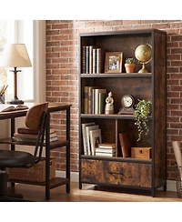 Costway 5-Tier Industrial Freestanding Bookcase with 4 Storage Compartments and Fabric Drawer