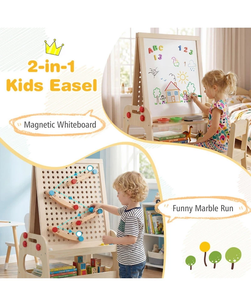 Hongge 2-in-1 Magnetic Art Easel and Marble Run Building Set, Ages 3+