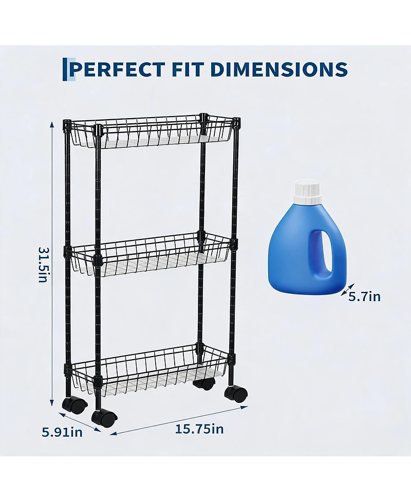 homfan Slim Rolling Storage Cart with Wheels, 3-Tier Metal Utility Cart with Adjustable Shelving Basket, Narrow Corner Organizer for Kitchen Bathroom