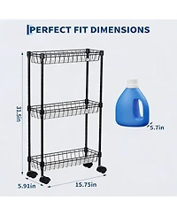 homfan Slim Rolling Storage Cart with Wheels, 3-Tier Metal Utility Cart with Adjustable Shelving Basket, Narrow Corner Organizer for Kitchen Bathroom