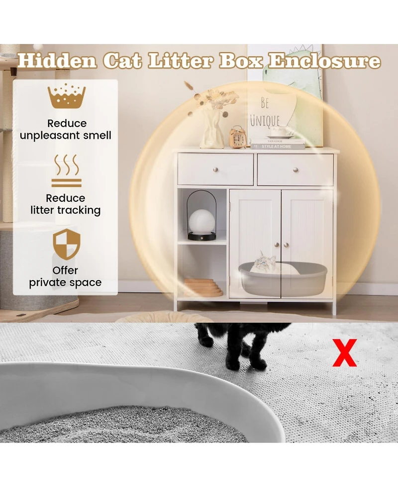 Sugift Hidden Cat Washroom Side Cabinet Wooden Pet House with 2 Drawers 31.5in x 20in x 31in