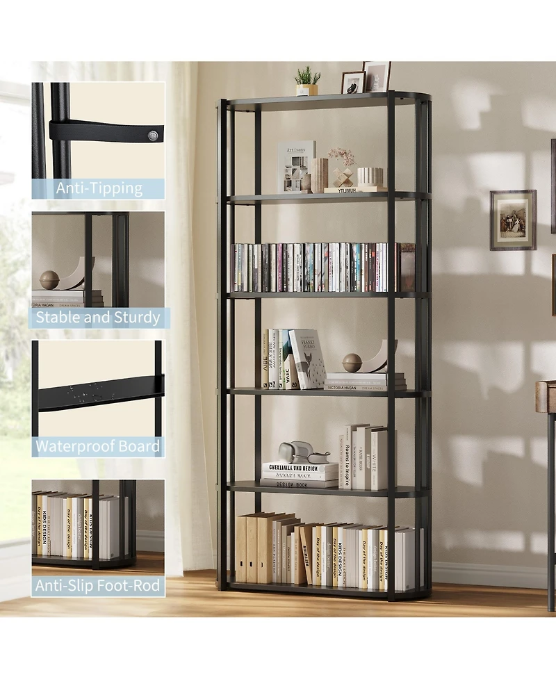 homfan Modern 71'' Tall 6-Tier Industrial Bookshelf, Sturdy Freestanding Metal Bookcase with Wooden Shelves, Open Storage Rack for Living Room,Bedroom