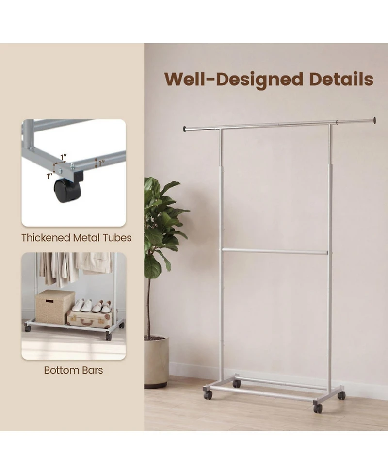 Sugift Rolling Double-Rod Clothes Rack with 9.5in Extension Rods and 3-Level Adjustable Height