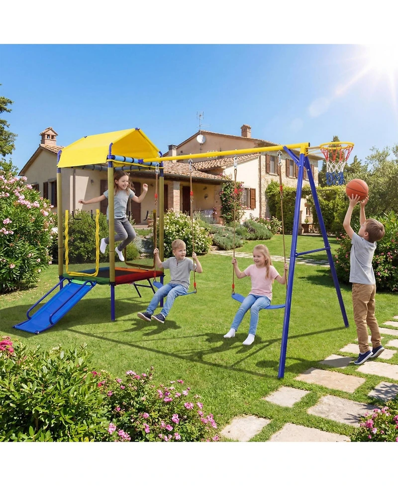Sugift 5-in-1 Metal Swing Set with Slide, Trampoline & Basketball Hoop, Ages 8+