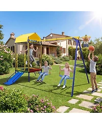 Sugift 5-in-1 Metal Swing Set with Slide, Trampoline & Basketball Hoop, Ages 8+