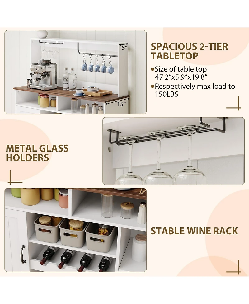 homfan 47" Farmhouse Buffet Cabinet with Storage, Power Outlets, Wine and Glass Rack, Large Sideboard Storage Shelf for Dining Room/Living Room
