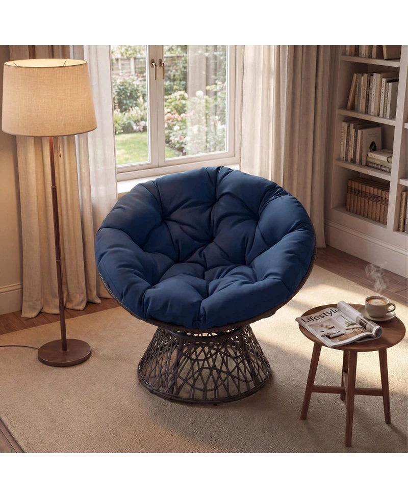 Sugift Swivel Papasan Chair Round Wicker Lounge Chair with Thick Cushion