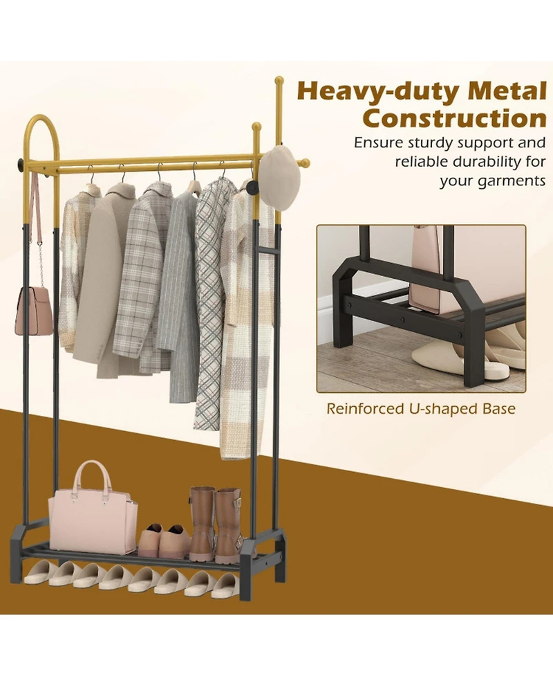 Hongge Freestanding Double Rod Garment Rack with Bottom Shoe Shelf