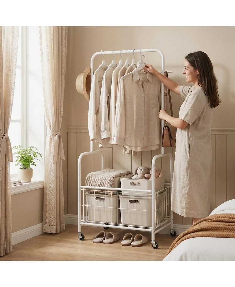 Sugift 3-in-1 Rolling Metal Clothes Rack with Hanging Rod Storage Basket and 2 Side Hooks