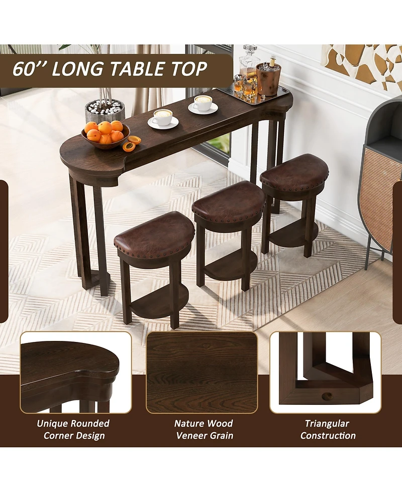 Flynama 4-Piece Solid Wood Bar Table Set with 3 Pu Stools, Counter-Height Breakfast Set