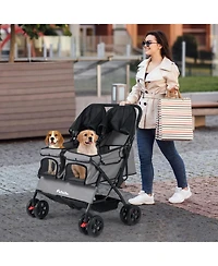 Sugift Foldable Double Pet Stroller with Adjustable Sunshade and Storage Basket