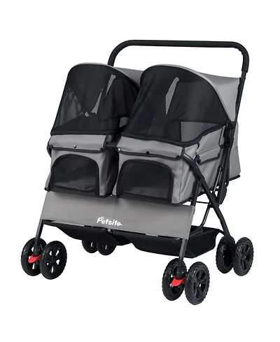 Sugift Foldable Double Pet Stroller with Adjustable Sunshade and Storage Basket