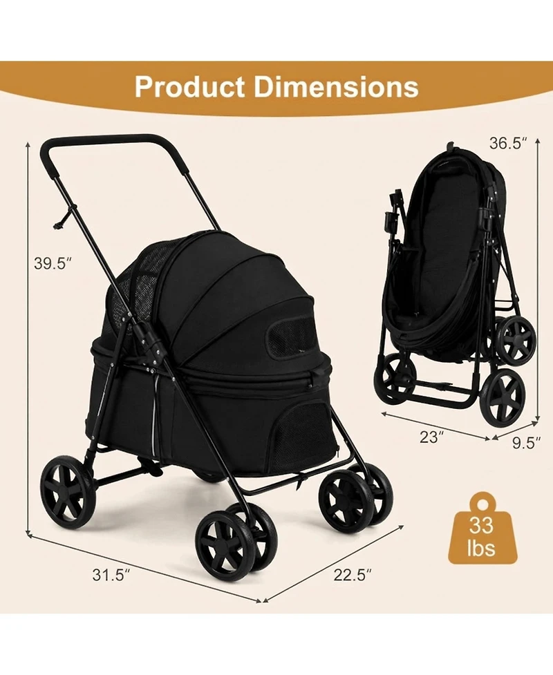 Hongge Foldable Pet Stroller with One-Step Rear Wheel Brake