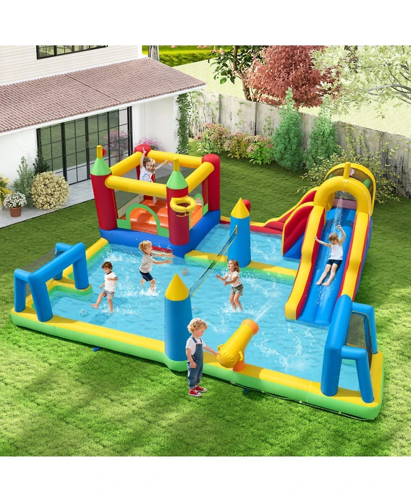 Hongge 9-in-1 Inflatable Water Slide Bounce House with Climbing Wall, 197" x 161" x 75", Ages 3-12