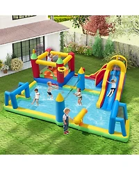 Hongge 9-in-1 Inflatable Water Slide Bounce House with Climbing Wall, 197" x 161" x 75", Ages 3-12