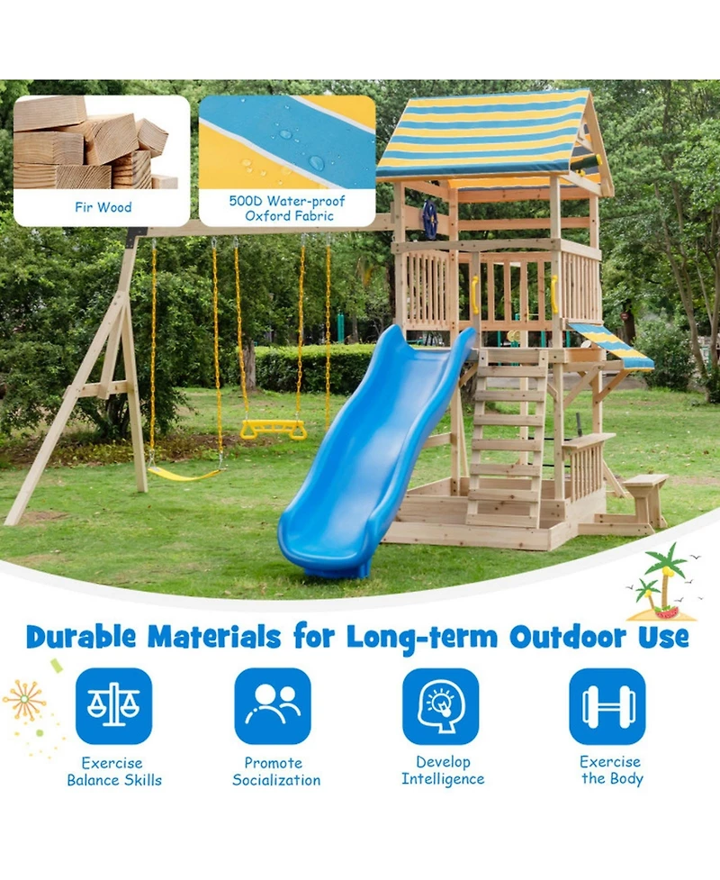 Hongge Wooden Swing Set with Upper Deck Slide and Climbing Wall, 172.5"L x 186"W x 118"H, Accommodates up to 10 Children, Ages 3+