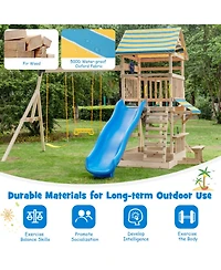 Hongge Wooden Swing Set with Upper Deck Slide and Climbing Wall, 172.5"L x 186"W x 118"H, Accommodates up to 10 Children, Ages 3+