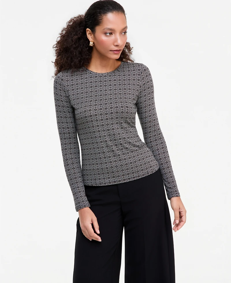 I.n.c. International Concepts Women's Geometric-Print Long-Sleeve Crewneck Top, Macy's Exclusive