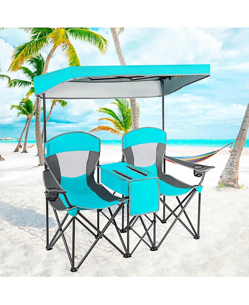 Gymax Folding 2-person Camping Chairs Double Sunshade Chairs with Canopy Patented