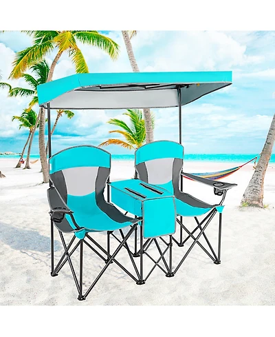 Gymax Folding 2-person Camping Chairs Double Sunshade Chairs with Canopy Patented