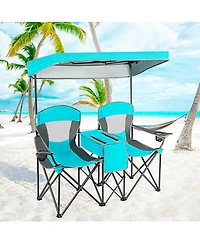 Gymax Folding 2-person Camping Chairs Double Sunshade Chairs with Canopy Patented