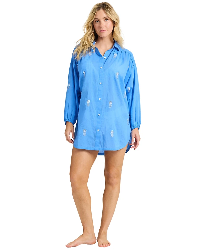 Tommy Bahama Women's Pineapple-Embroidered Boyfriend V-Neck 3/4-Sleeve Shirt