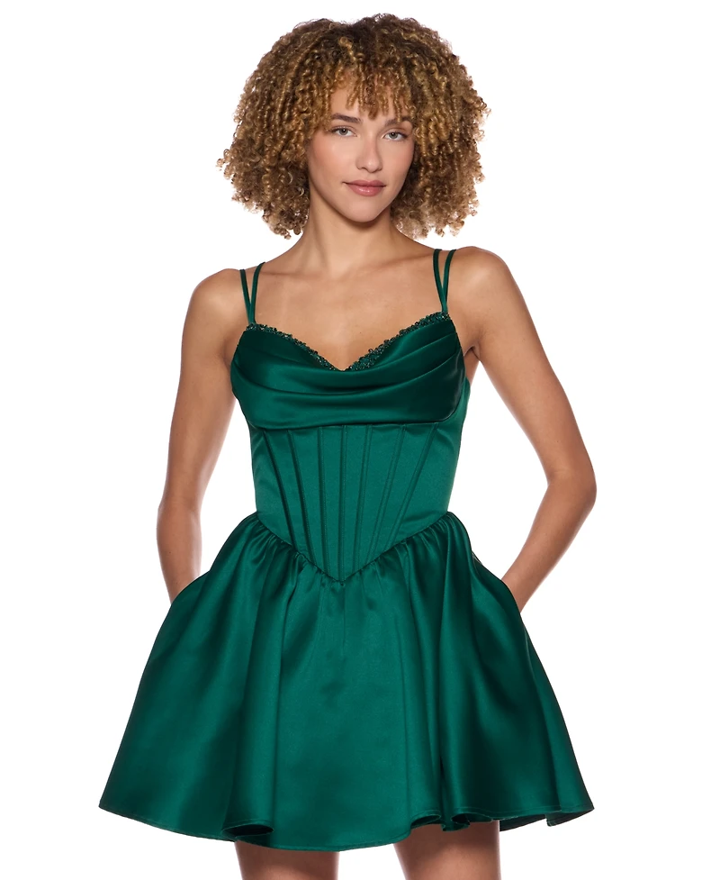 Alex & Sophia Juniors' Drape Stone Detail Neck Satin Dress