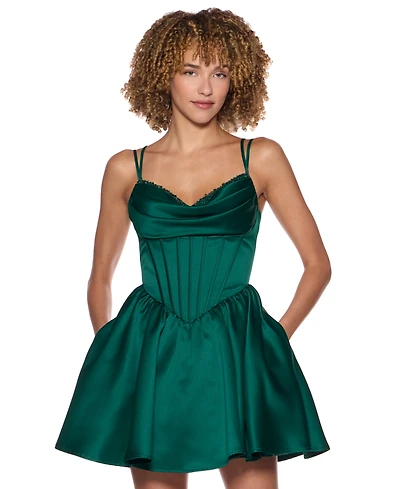 Alex & Sophia Juniors' Drape Stone Detail Neck Satin Dress