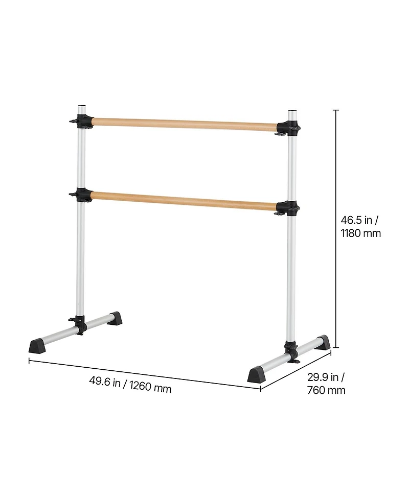 Sugift 4 Ft Double Beechwood Ballet Barre Freestanding Height Adjustable Portable for Home Pilates