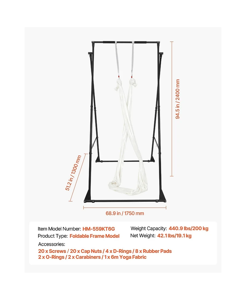 Sugift Aerial Yoga Swing Stand 440.9 lbs Load Triangular Frame with 6.6-yard Hammock Adjustable