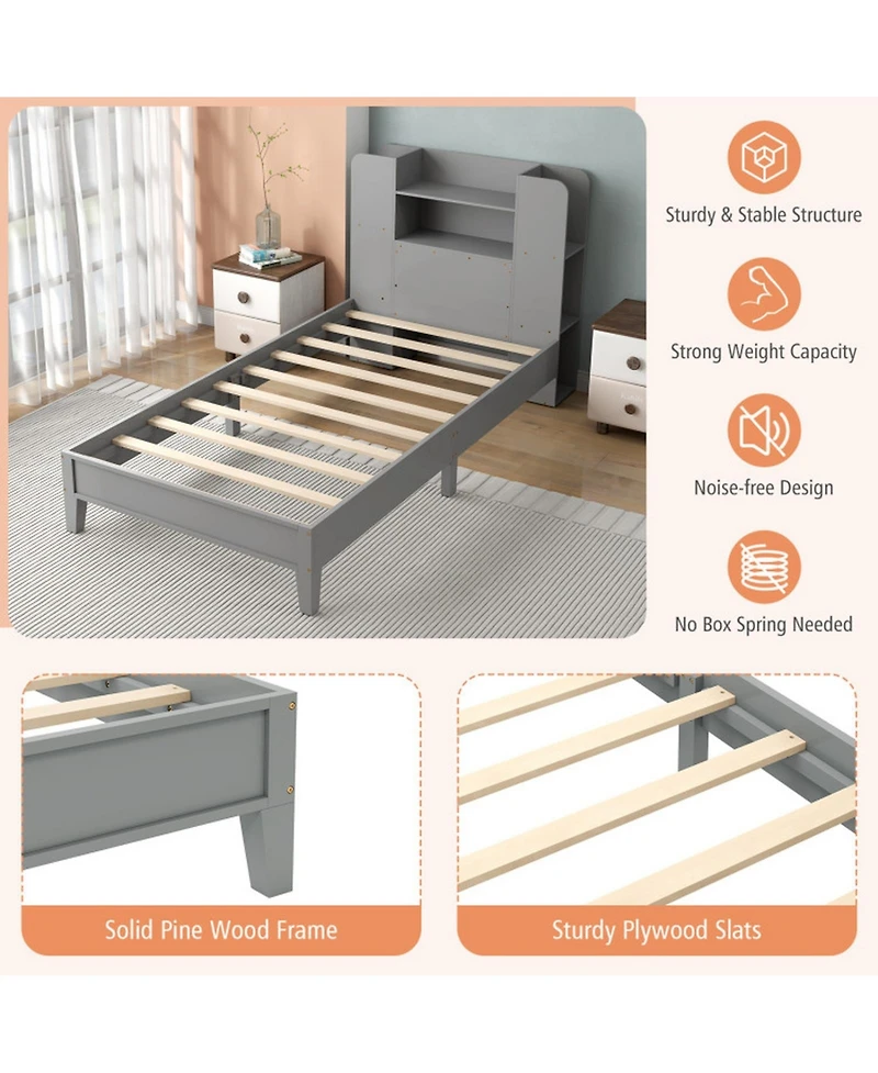 Sugift Twin Size Wooden Platform Bed Frame with Bookcase Headboard