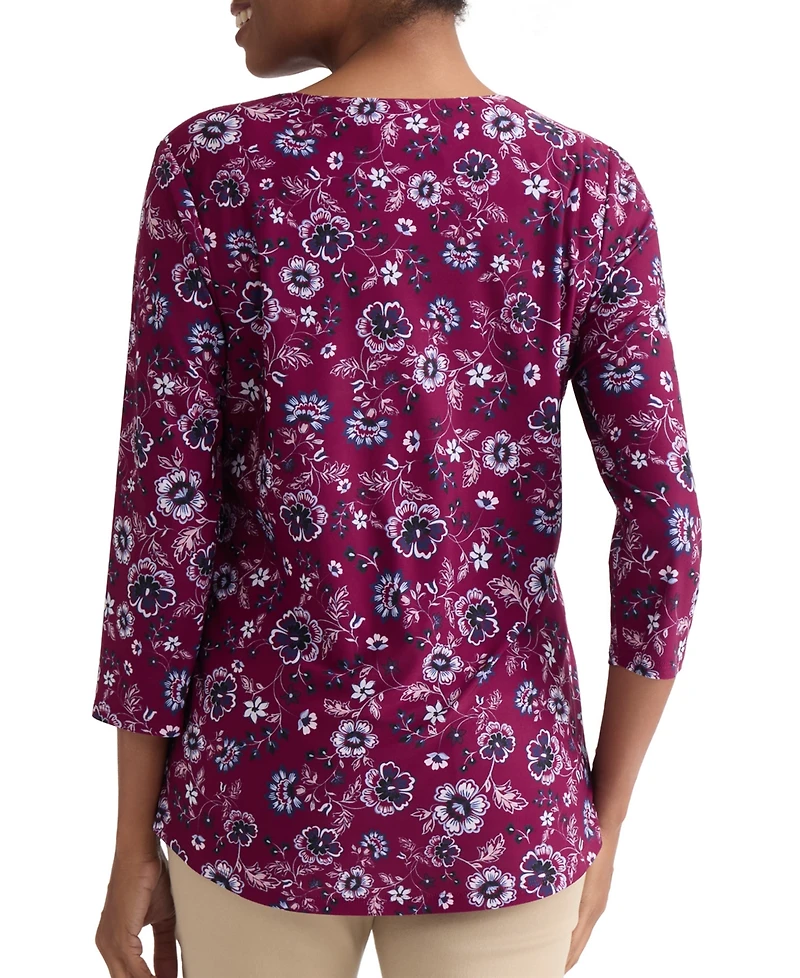 Jones New York Plus Kissing Trim Top Printed Floral-Print V-Neck 3/4-Sleeve Blouse