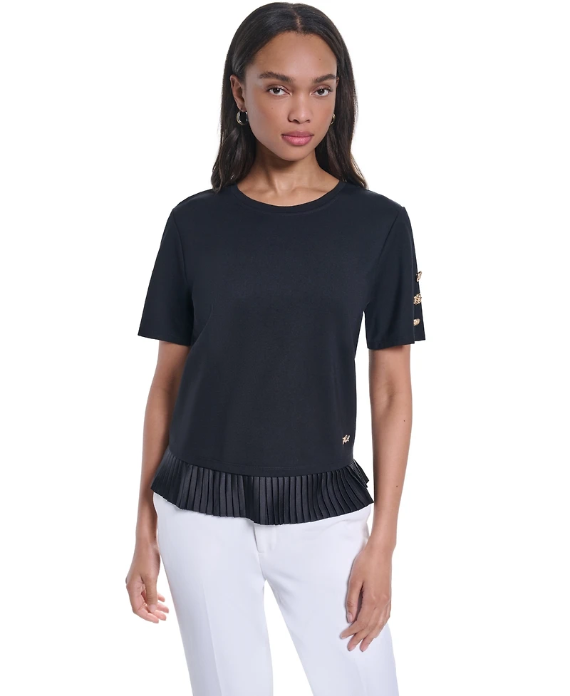 Karl Lagerfeld Paris Women's Crewneck Short-Sleeve Pleated-Hem Blouse