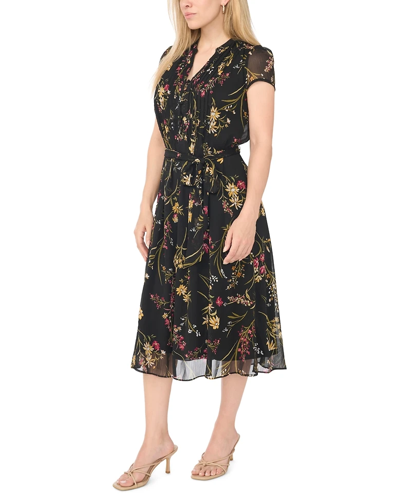 Msk Petite Pintuck Floral-Print A-Line Midi Dress