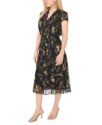 Msk Petite Pintuck Floral-Print A-Line Midi Dress
