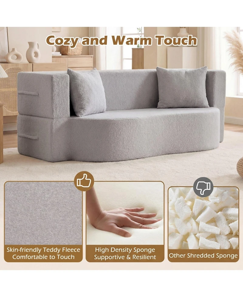 Sugift 75.5-Inch Convertible Folding Sofa Bed Floor Loveseat with Washable Teddy Fleece Cover